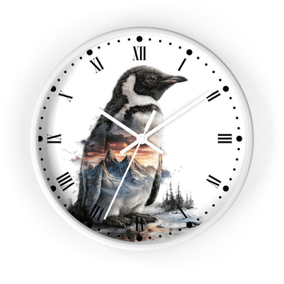 Penguin Mountain Landscape Wall Clock with Roman Numerals — Nature Scenic Animal Decor