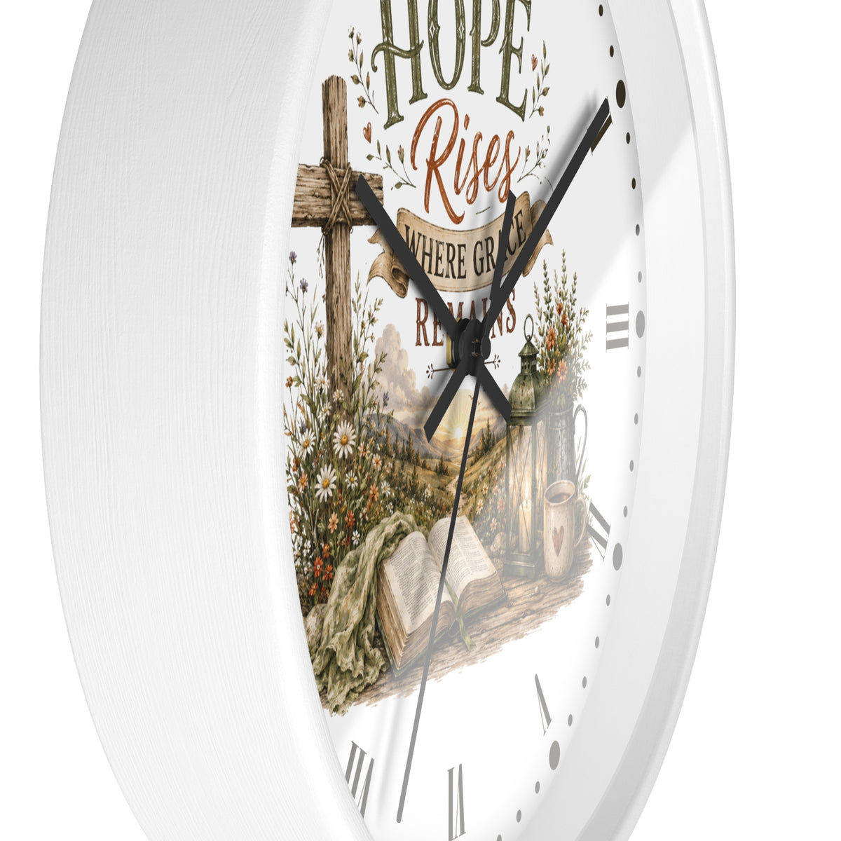 Christian Inspirational Wall Clock — "Hope Rises Where Grace Remains" Farmhouse Decor