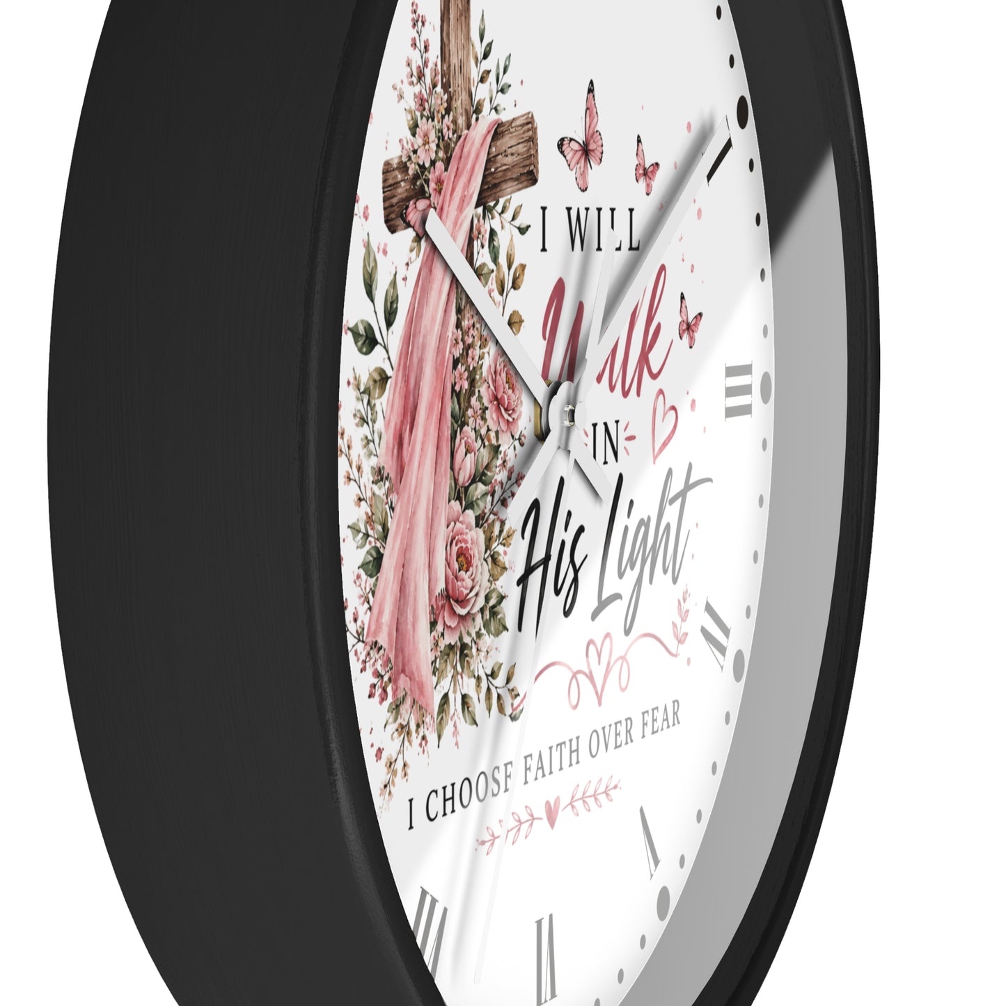 I Will Walk in His Light Wall Clock — Floral Cross Christian Cancer Awareness Gift