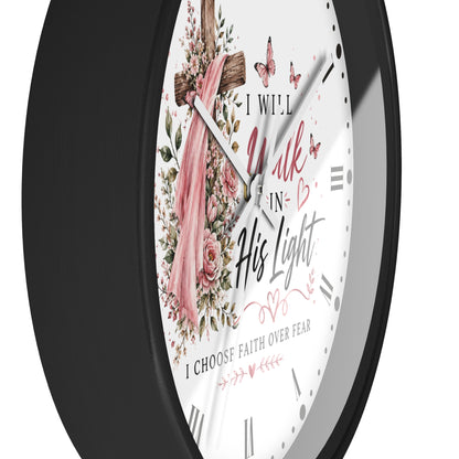 I Will Walk in His Light Wall Clock — Floral Cross Christian Cancer Awareness Gift