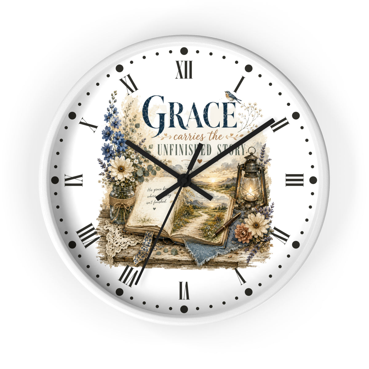 Grace Carries the Unfinished Story Wall Clock — Inspirational Rustic Farmhouse Decor