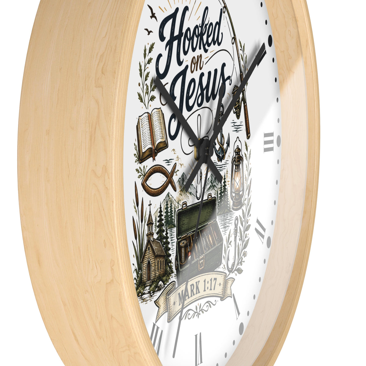 Hooked on Jesus Wall Clock — Christian Fishing & Faith Decor (Mark 1:17)