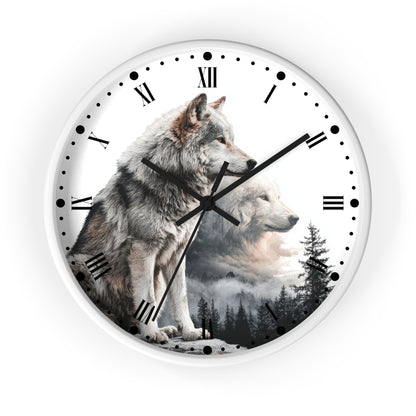 A round wall clock with a white face featuring a printed design of two wolves over a misty forest landscape. The clock has black Roman numerals and black hands, shown against a plain white background.