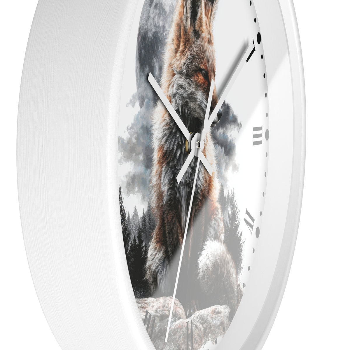 A white round wall clock with a printed fox and forest scene on the face, shown against a plain white background.
