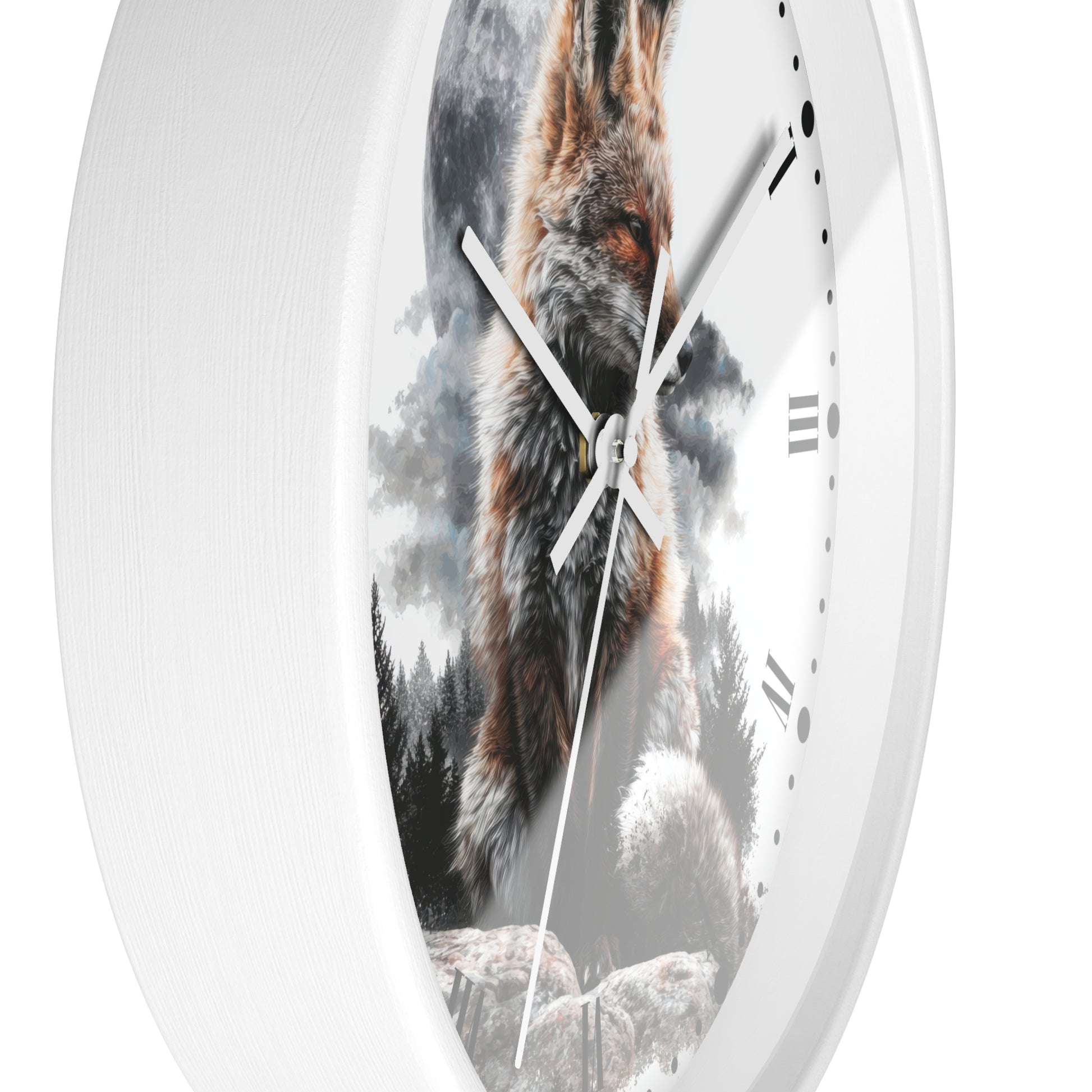 A white round wall clock with a printed fox and forest scene on the face, shown against a plain white background.