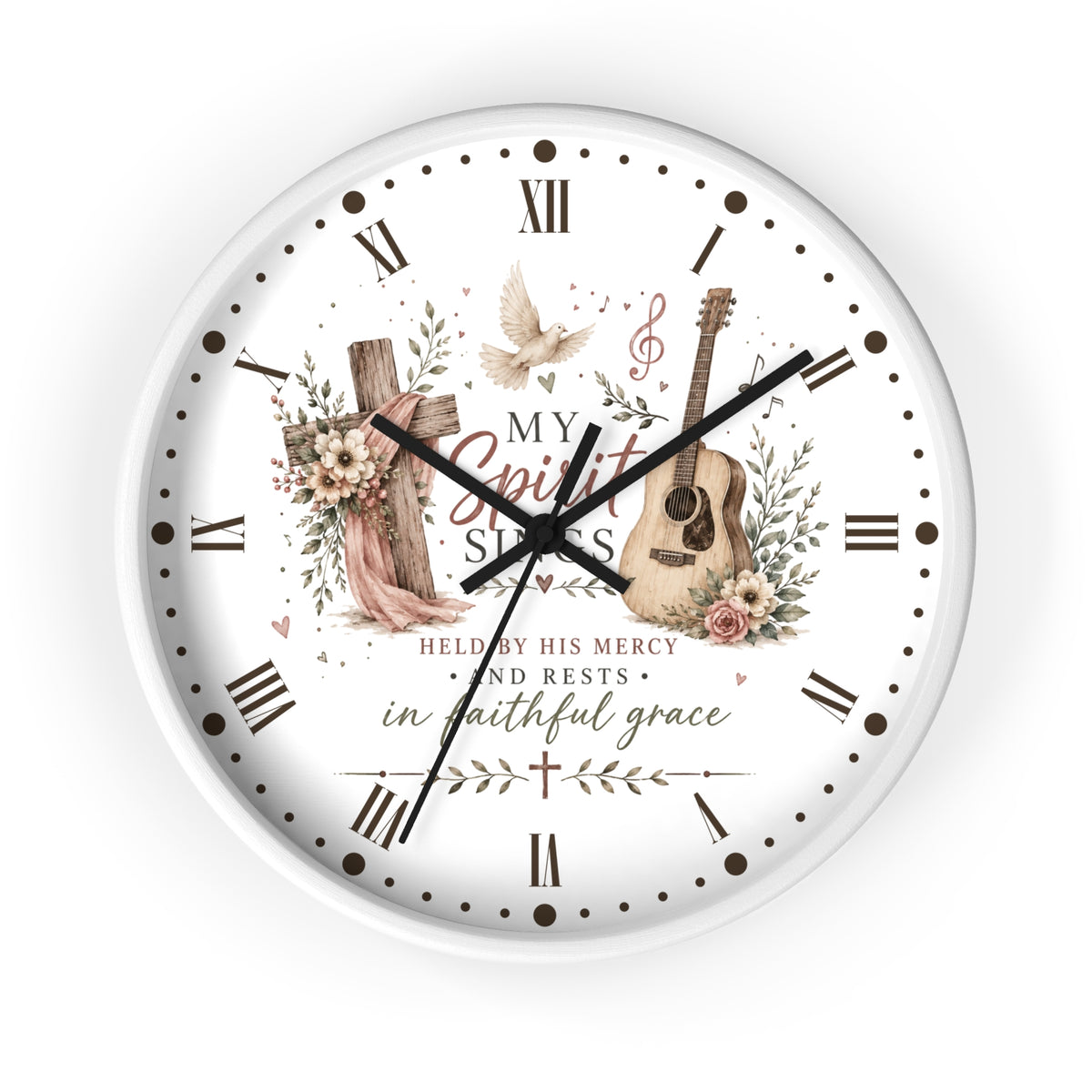 My Spirit Sings Religious Wall Clock — Faith-Inspired Guitar & Cross Home Decor