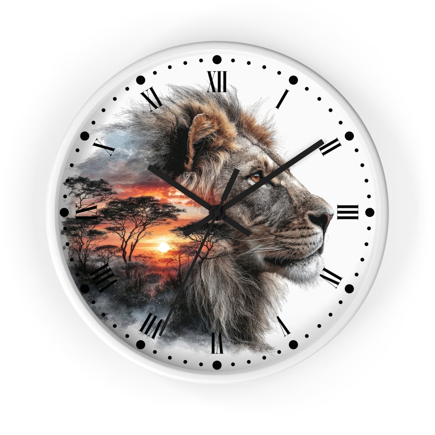 A round wall clock with a white face featuring a detailed lion profile over an African savanna sunset scene, with black Roman numerals and hands on a white background.