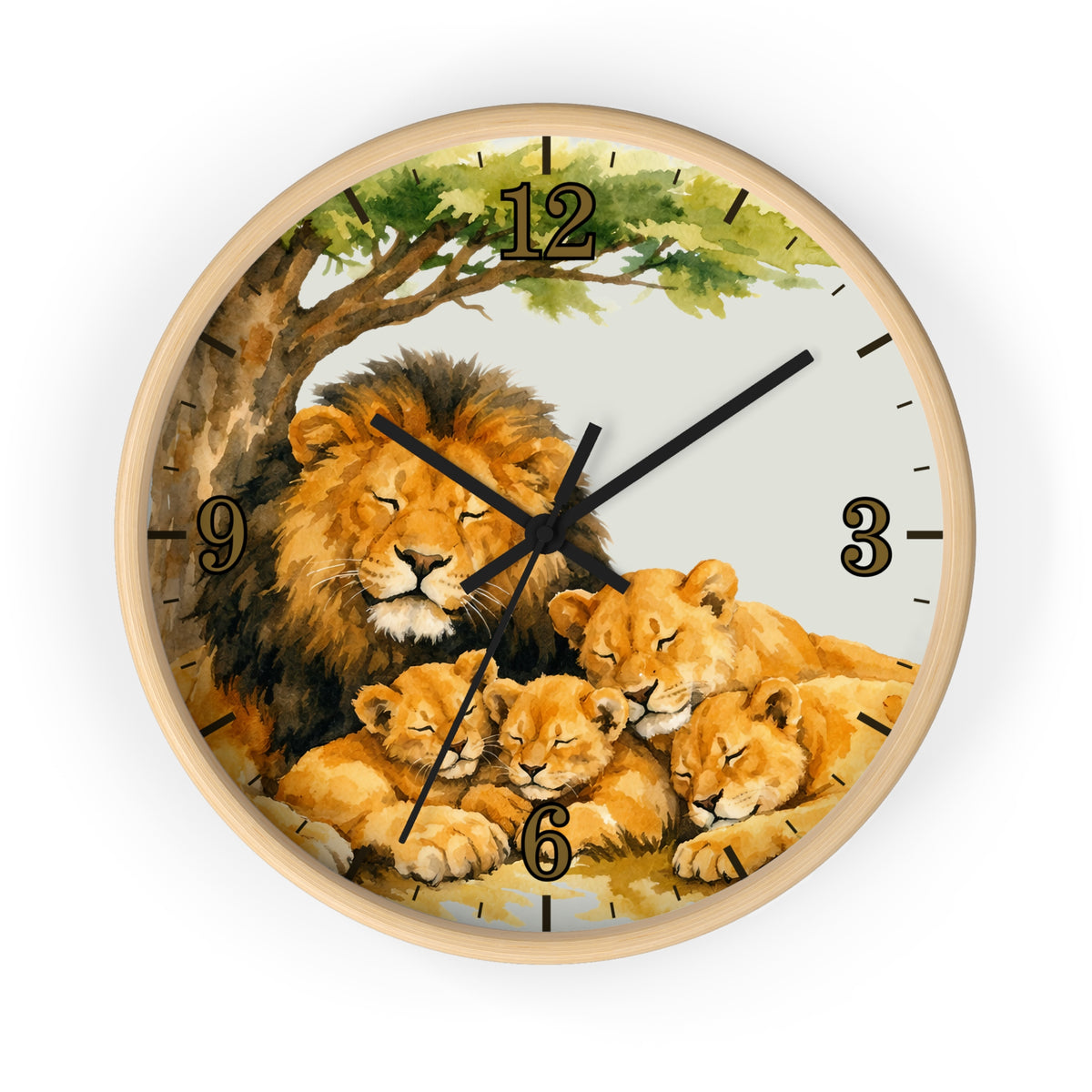A round wall clock with a light wood frame featuring a watercolor-style illustration of a lion and four lion cubs under a tree, with black Arabic numerals and hands on a white background.