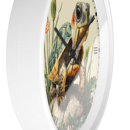 Round wall clock with a white frame and a printed turtle illustration on the face, shown against a plain white background.