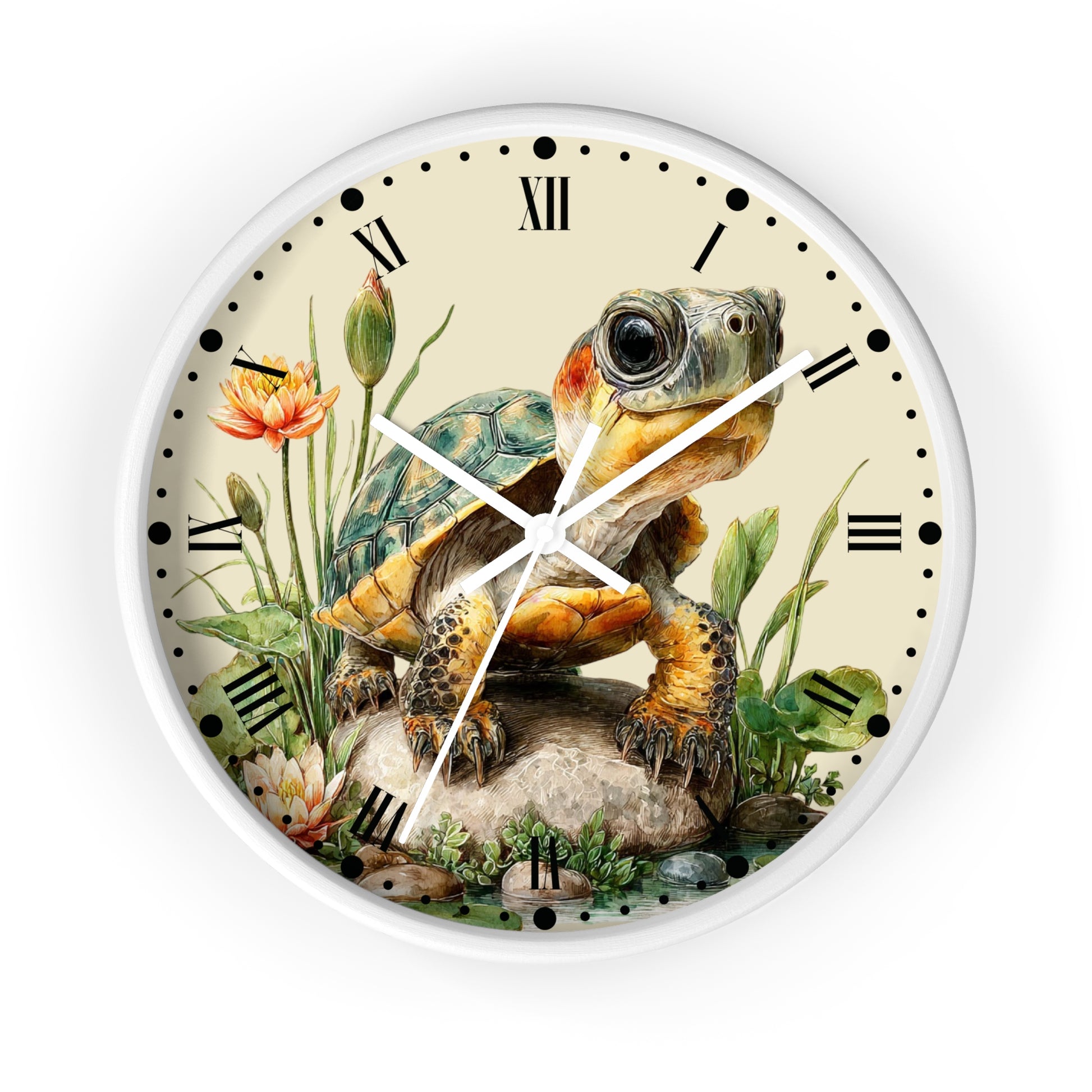A round wall clock with a white frame and a vintage-style illustration of a turtle on the clock face, surrounded by flowers and greenery, with black Roman numerals and hands.