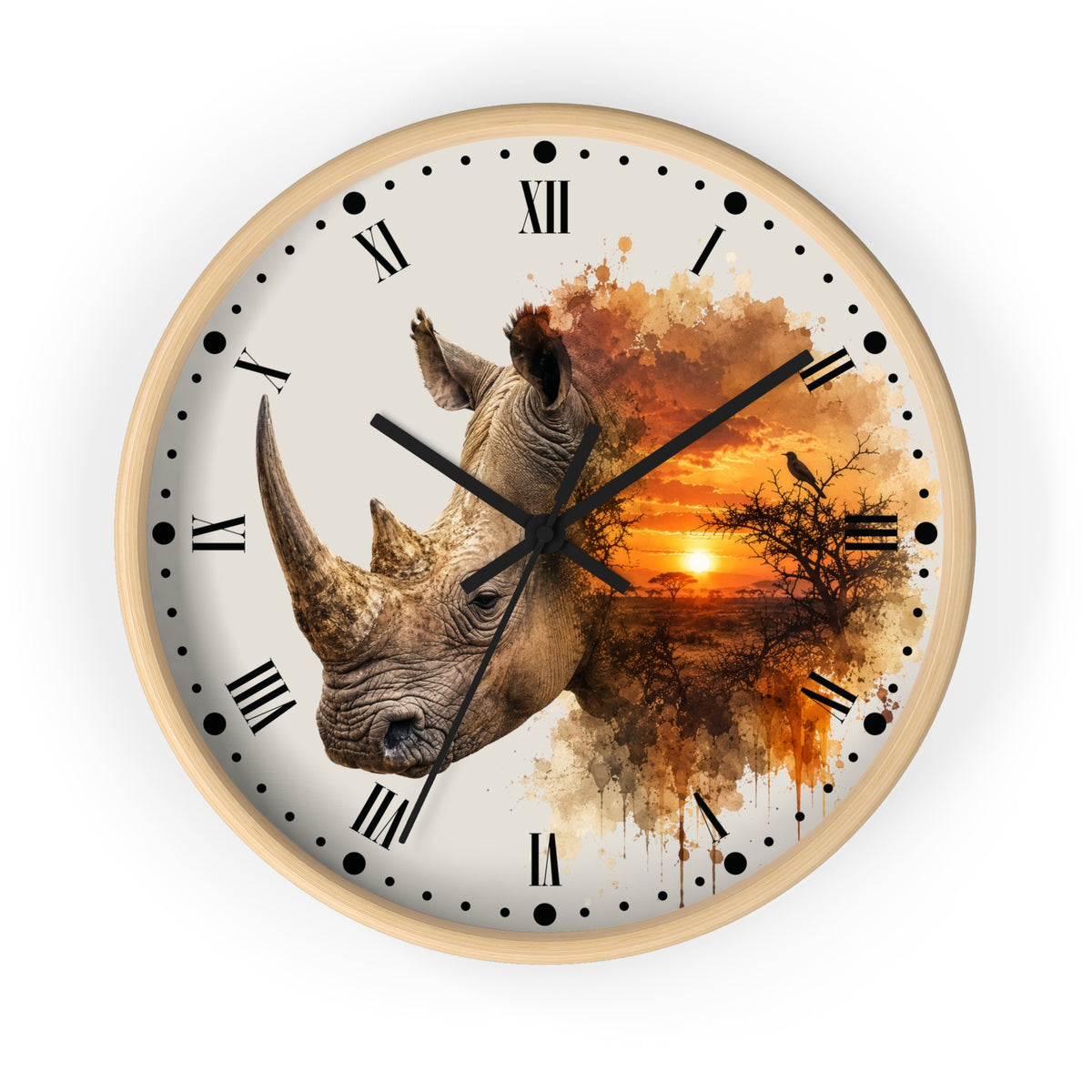 A round wall clock with a light wood frame and a printed design featuring a rhinoceros head merging into an African savanna sunset scene. The clock face is off-white with black Roman numerals and hands.