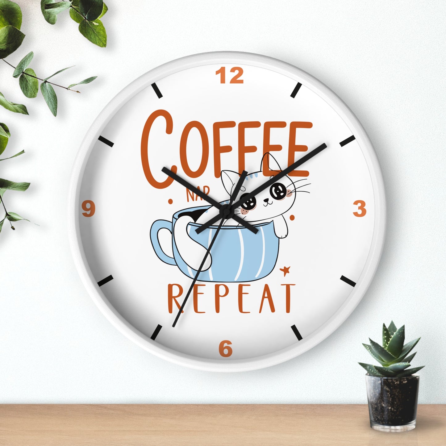Coffee Nap Repeat Wall Clock | Cute Cat in Mug Kitchen Decor
