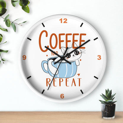 Coffee Nap Repeat Wall Clock | Cute Cat in Mug Kitchen Decor