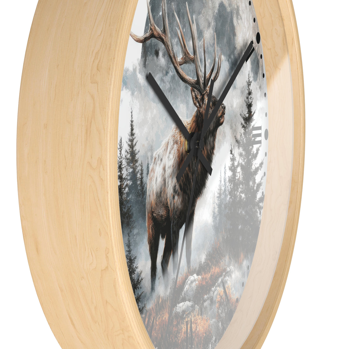 Round wall clock with a light natural wood frame and a printed scenic face showing a large elk standing in a misty forest.