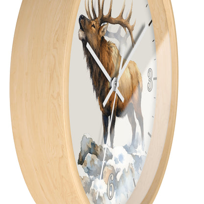 Elk Winter Wall Clock — Rustic Watercolor Mountain Lodge Decor