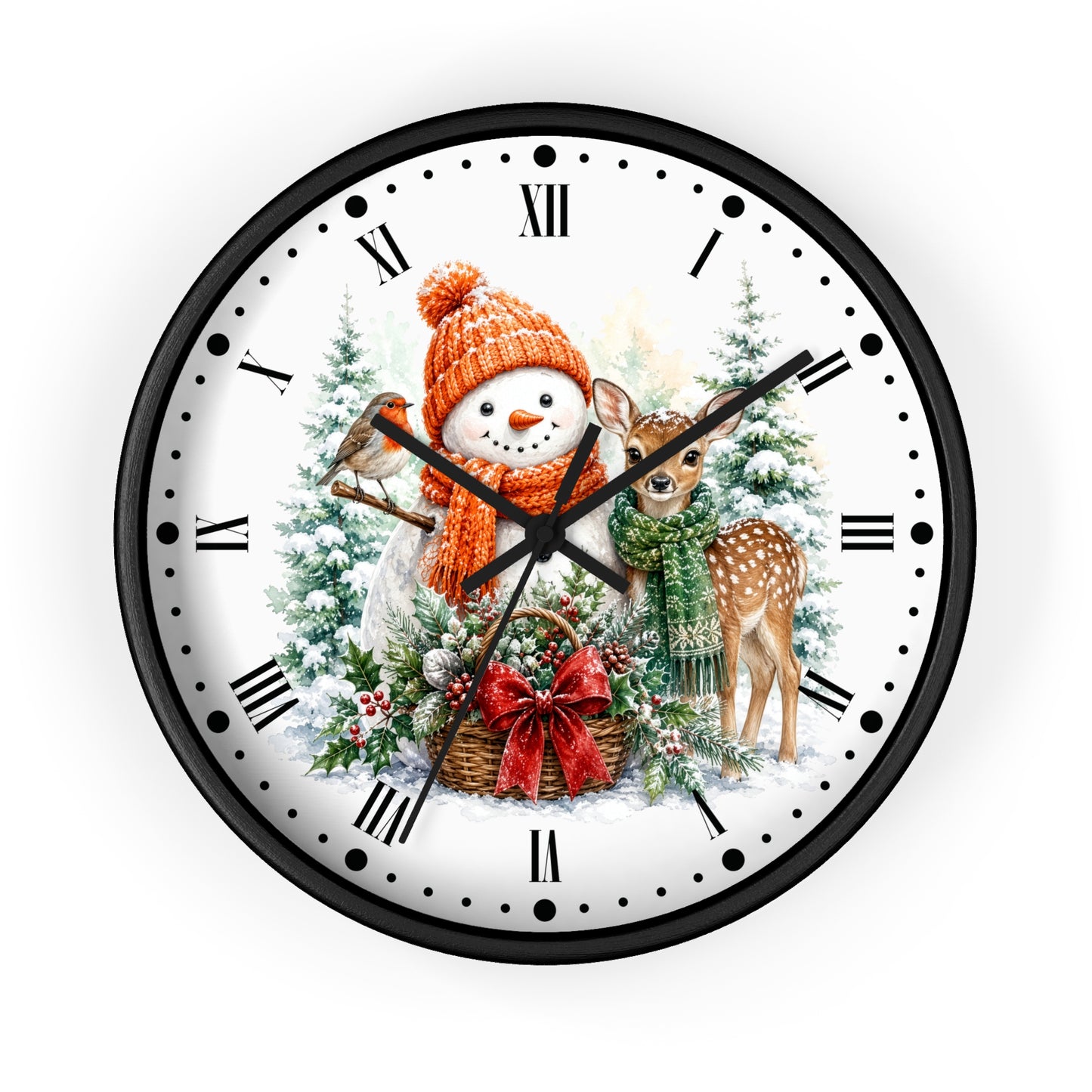 Snowman & Fawn Holiday Wall Clock — Festive Winter Deer Decor