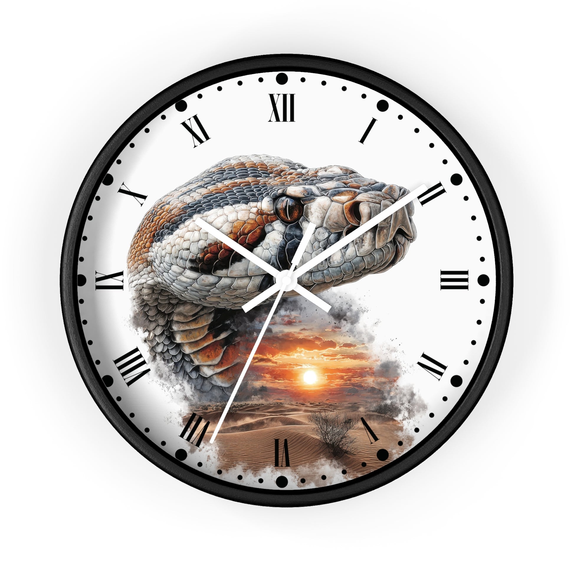 A round wall clock with a black frame and a white face featuring a large realistic snake head over a desert sunset scene, with Roman numerals and black dot hour markers.