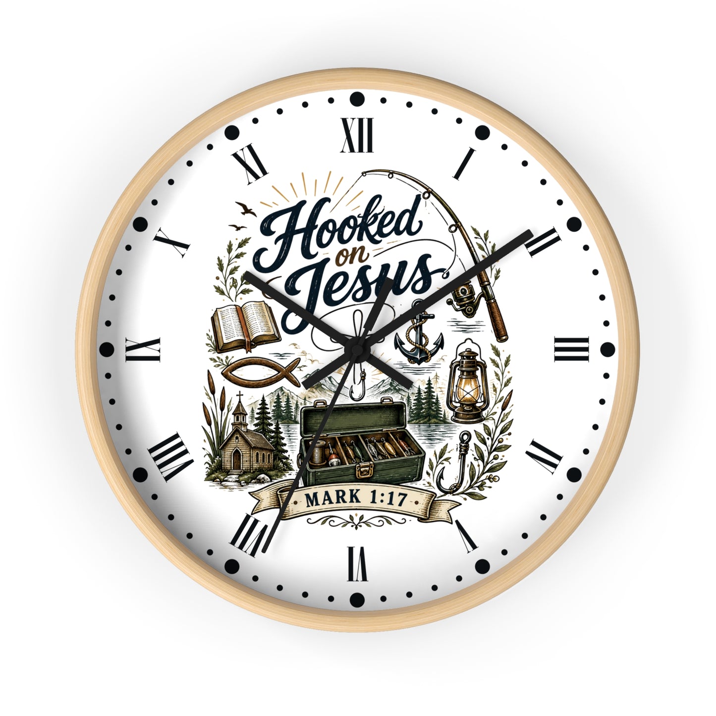 Hooked on Jesus Wall Clock — Christian Fishing & Faith Decor (Mark 1:17)