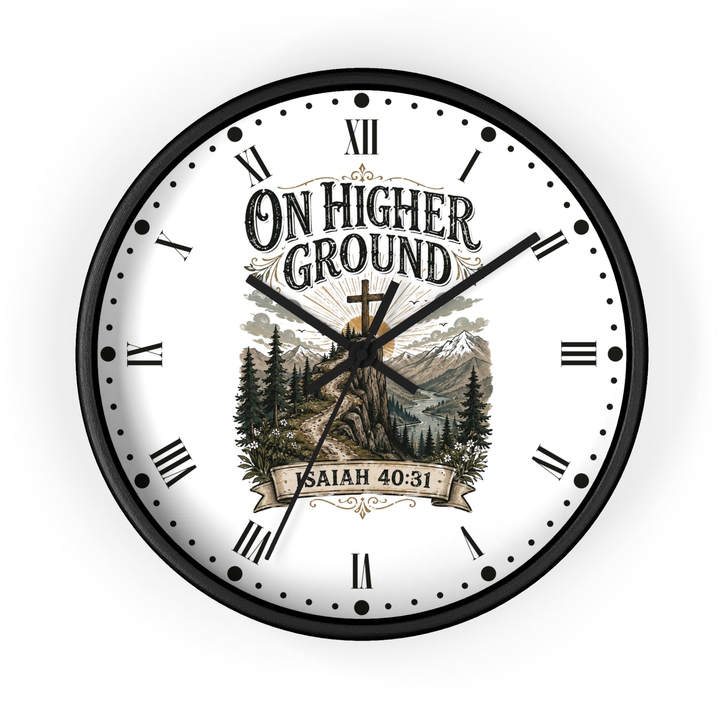 A round wall clock with a black frame and a white face featuring the text 'ON HIGHER GROUND' and 'SAITH 40:31' above a scenic illustration of mountains, trees, and a cross.