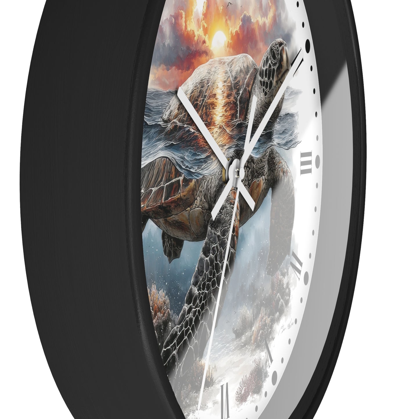 A close-up of a round wall clock with a black frame and a white face featuring a dramatic sea turtle illustration under a fiery sunset sky.