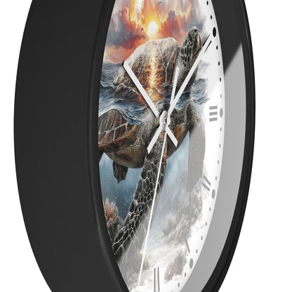 A close-up of a round wall clock with a black frame and a white face featuring a dramatic sea turtle illustration under a fiery sunset sky.