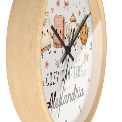 Cozy Chapters Personalized Wall Clock | Cute Book & Tea Kids Room Decor