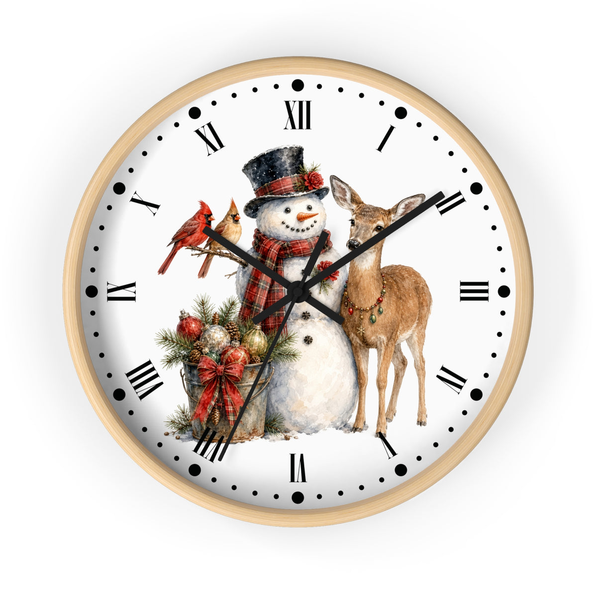 Christmas Snowman & Deer Wall Clock – Rustic Holiday Home Décor