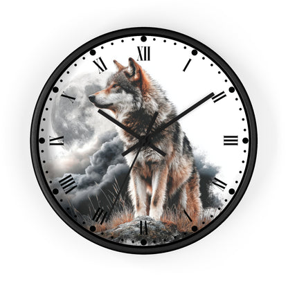 A round wall clock with a black frame and a printed wolf illustration on the face, set against a plain white background.