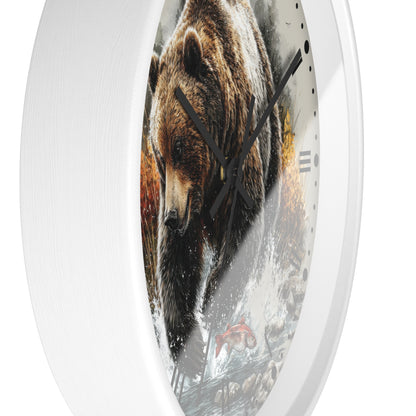 Round wall clock with a white frame and a printed design of a brown bear walking through water, with a small red fish near the bottom. The clock is shown against a plain white background.