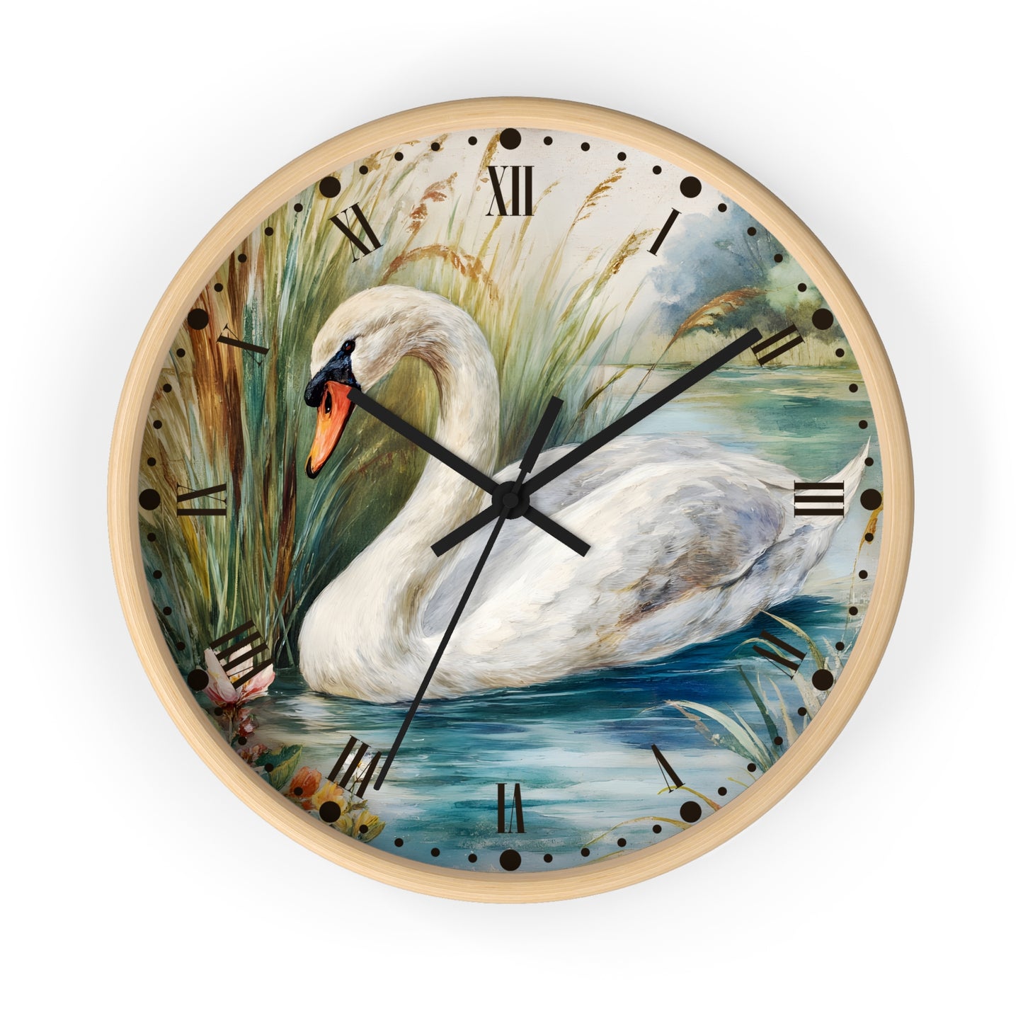 Round wall clock with a light wood frame and a printed swan scene on the face, featuring black Roman numerals and black clock hands on a white background.