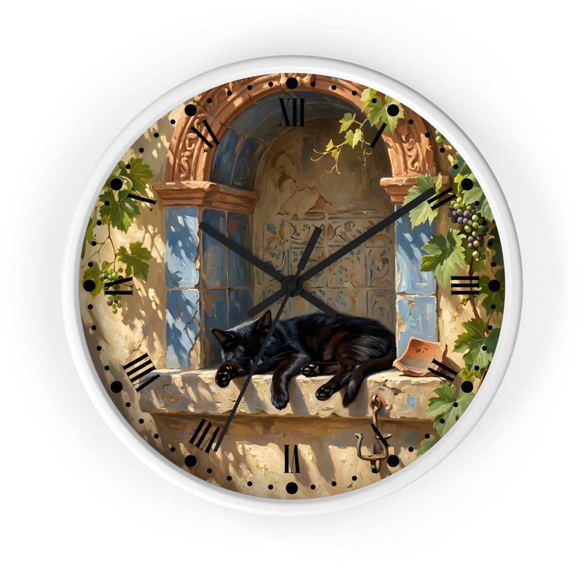 A round wall clock with a white frame and a printed illustration of a black cat sleeping on a stone windowsill in front of blue shutters and climbing vines, with black Roman numerals and clock hands.