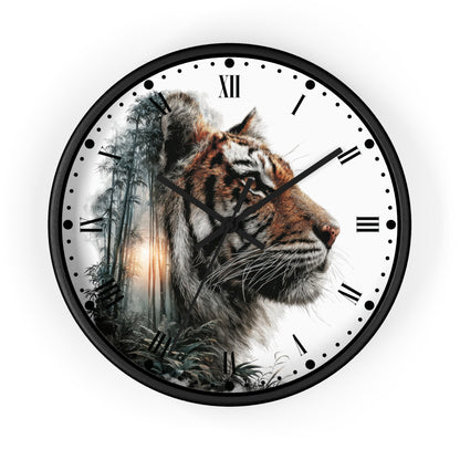 A round wall clock with a black frame and a white face featuring a detailed tiger portrait and bamboo forest artwork, with black Roman numerals and hands.