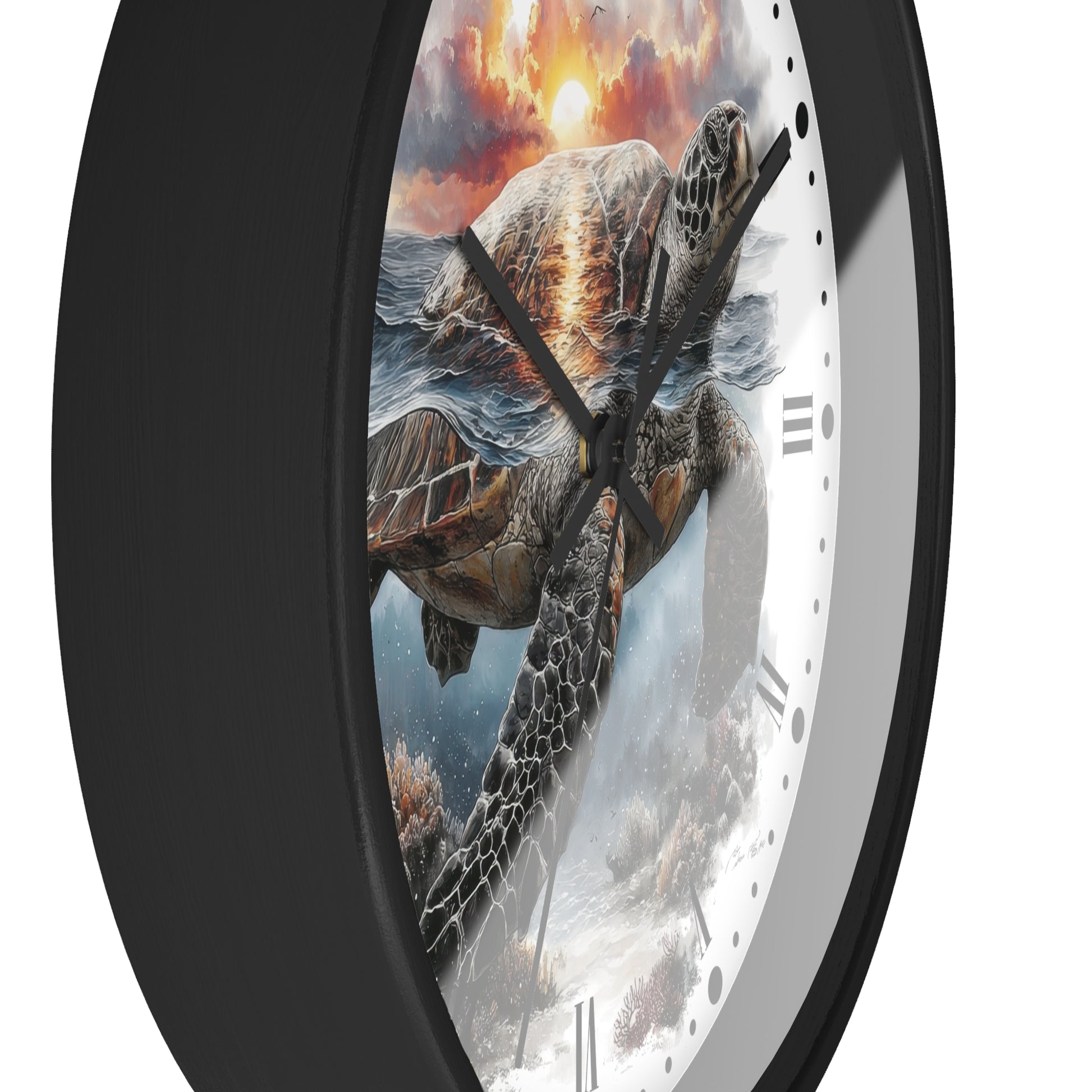 A round wall clock with a black frame and a white face featuring a dramatic illustration of a sea turtle swimming underwater against a fiery sunset sky.