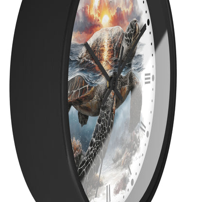 A round wall clock with a black frame and a white face featuring a dramatic illustration of a sea turtle swimming underwater against a fiery sunset sky.