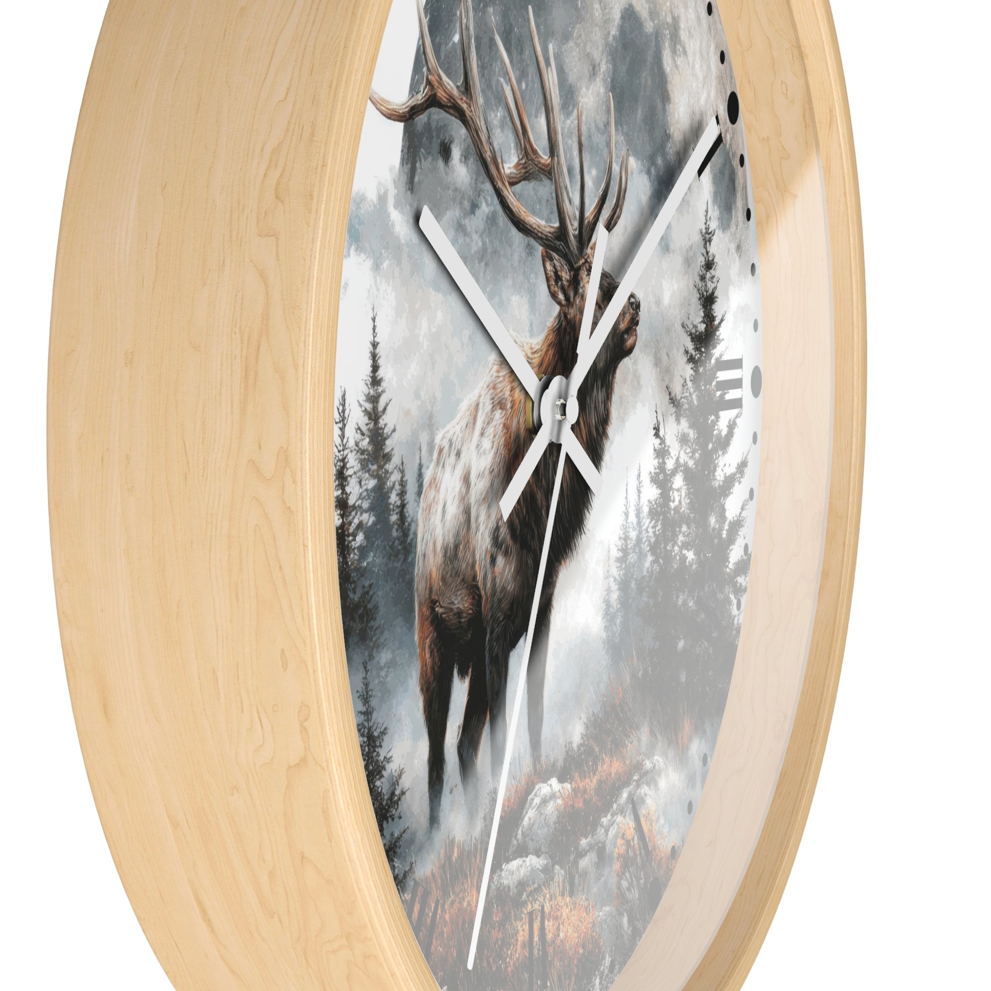 Round wall clock with a light natural wood frame and a printed scenic face showing a large deer standing in a misty forest.