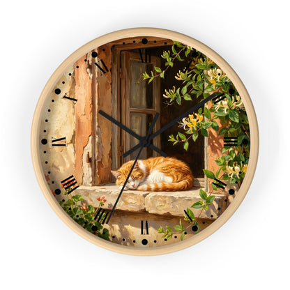 Sleeping Ginger Cat Wall Clock — Rustic Animal Home Decor