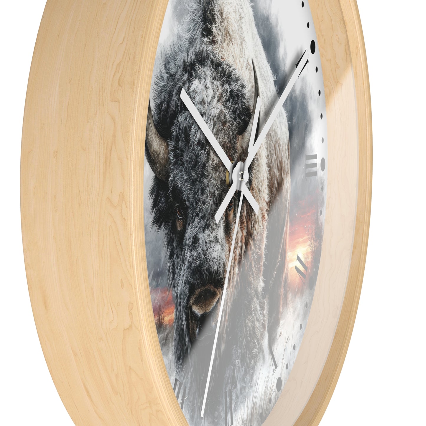 Bison Sunrise Wall Clock with Roman Numerals — Rustic Buffalo Decor