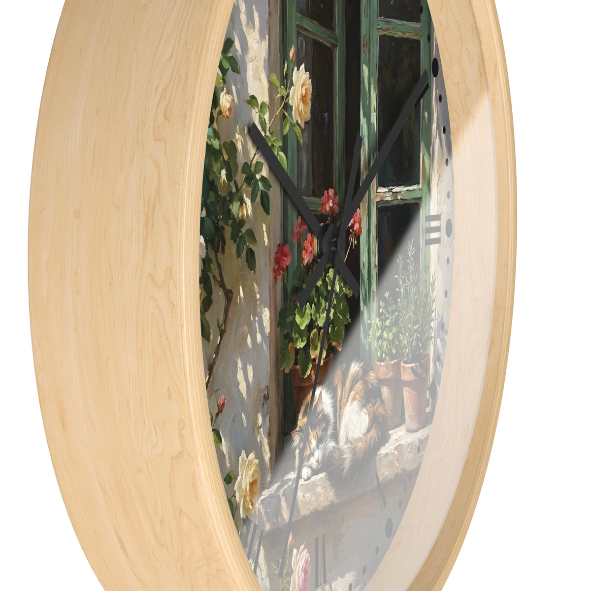 Round wall clock with a light natural wood frame and a printed scenic face showing a sunlit stone wall, green window, climbing flowers, and a cat on a windowsill.