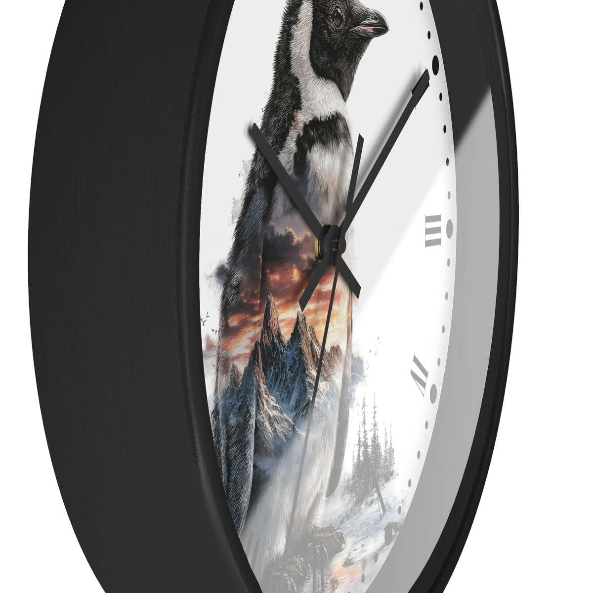 Penguin Mountain Landscape Wall Clock with Roman Numerals — Nature Scenic Animal Decor