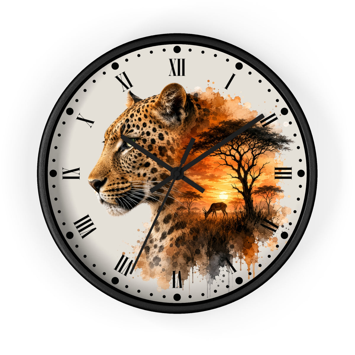 A round wall clock with a black frame and a white face featuring a split design: a side profile of a spotted big cat on the left and an orange-toned savanna sunset scene on the right. Black Roman numerals mark the hours, and the clock is centered on a light gray background.