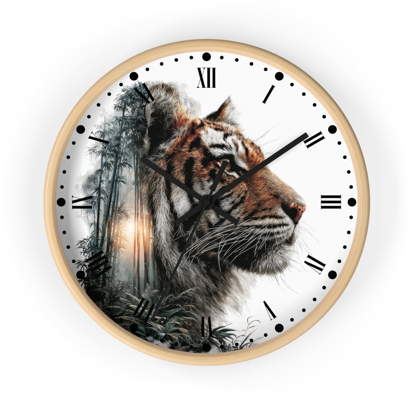 A round wall clock with a light wood frame and a white face featuring a detailed tiger portrait over a misty forest scene. The clock uses black Roman numerals and markers with black hands.