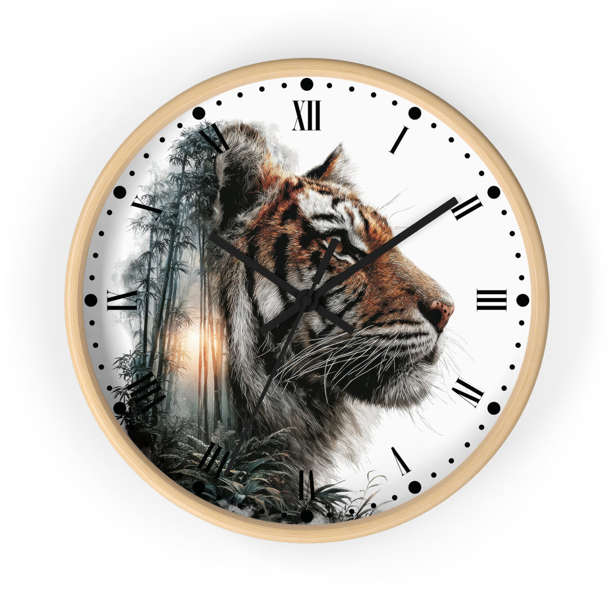 A round wall clock with a light wood frame and a white face featuring a detailed tiger portrait over a misty forest scene. The clock uses black Roman numerals and markers with black hands.