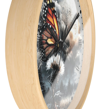 Round wall clock with a light natural wood frame and a printed dial featuring a monarch butterfly over a dandelion and snowy landscape.