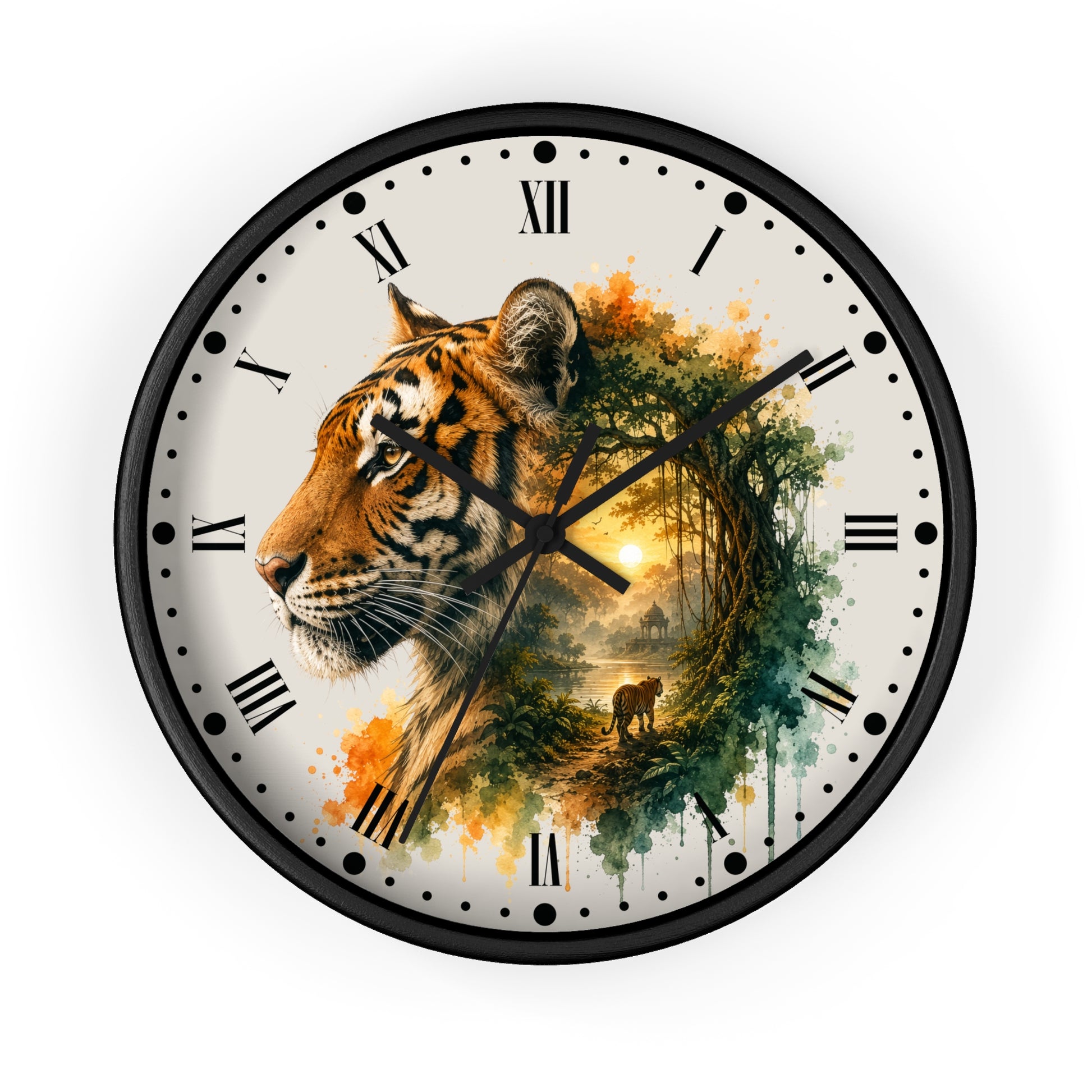 A round wall clock with a black frame and Roman numerals, featuring a split artistic design: one half shows a tiger head in orange and black, the other half shows a forest scene in green and yellow tones. The clock is centered on a plain white background.