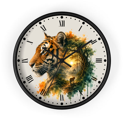 A round wall clock with a black frame and Roman numerals, featuring a split artistic design: one half shows a tiger head in orange and black, the other half shows a forest scene in green and yellow tones. The clock is centered on a plain white background.