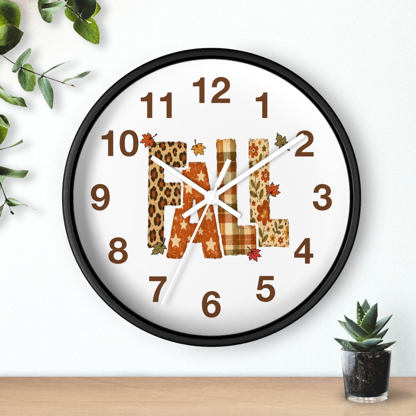 Fall Pattern Wall Clock | Autumn Leaves, Plaid & Leopard Accent Home Decor