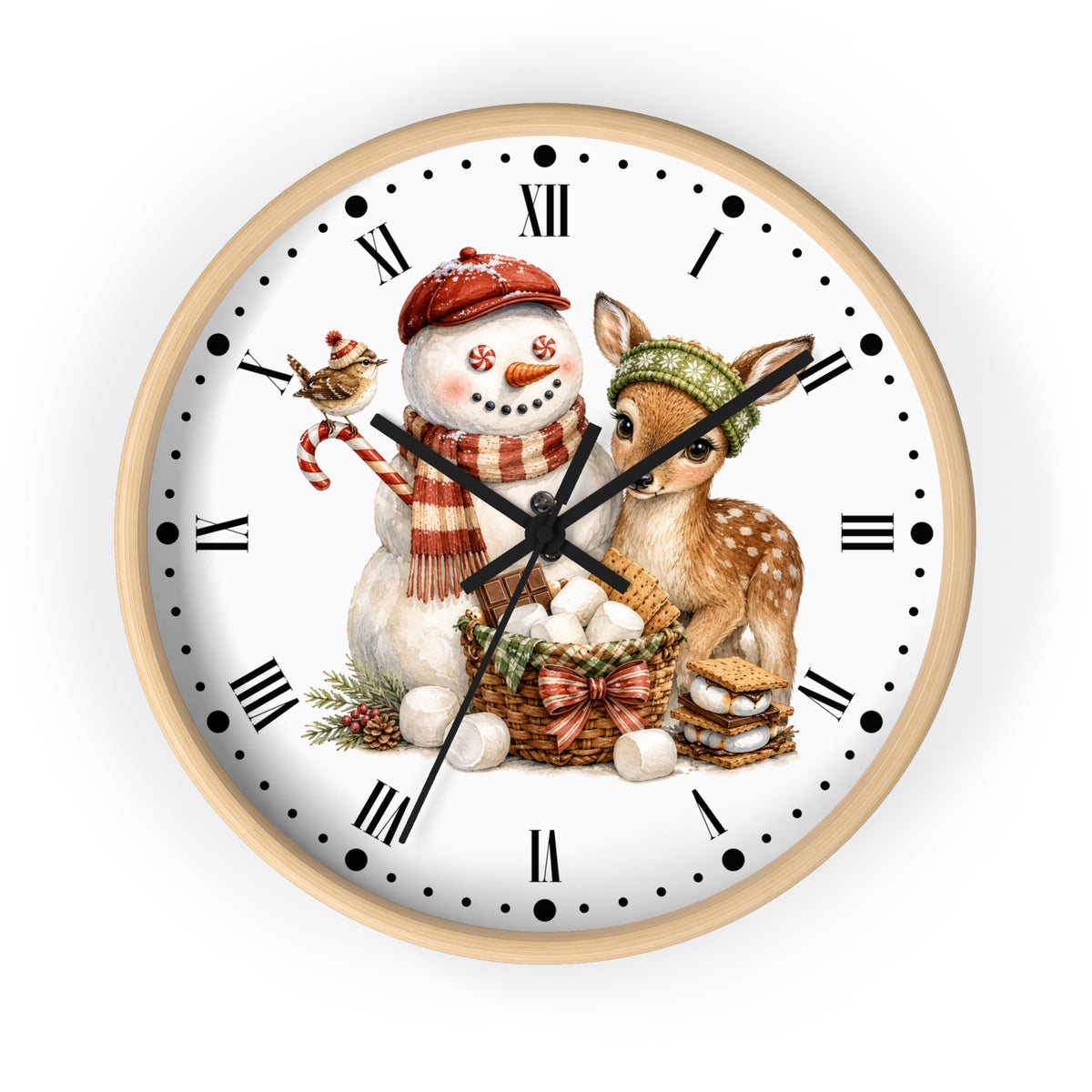 A round wall clock with a light wood frame and a white face featuring a festive holiday illustration of a snowman in a red beret and scarf, a small bird, a baby deer, and a basket of eggs.
