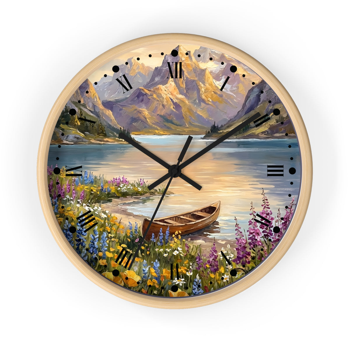 Round wall clock with a light wood frame and a scenic landscape print featuring mountains, a lake, wildflowers, and a canoe. The clock face has black Roman numerals and black hands on a white background.