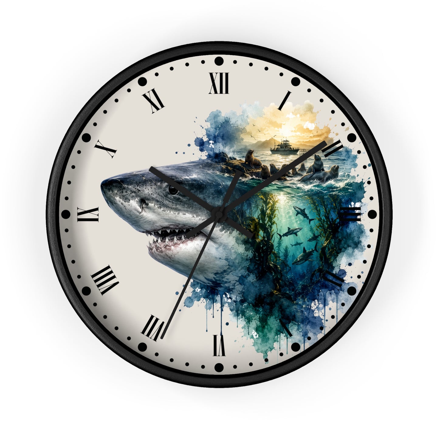 Ocean Shark & Seals Wall Clock — Watercolor Ship Nautical Art Decor