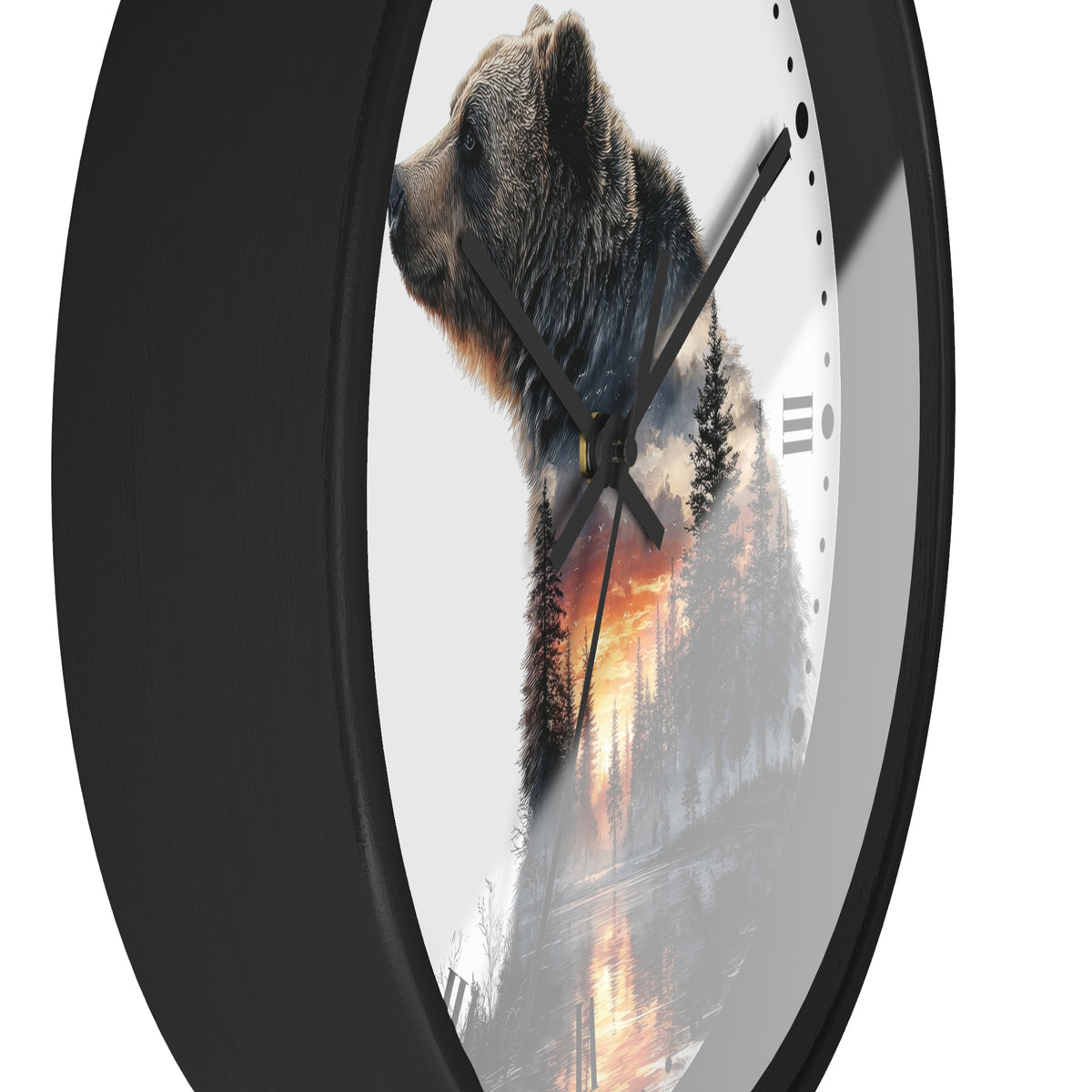 Bear Silhouette Wall Clock — Mountain Sunset Forest Double Exposure Decor